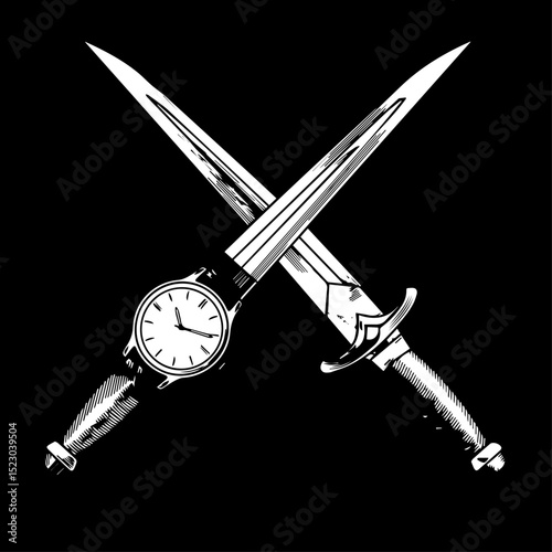 Crossed daggers and wristwatch. Stylish black and white graphic with crossed daggers and a vintage wristwatch.  Image depicts time running out, a concept perfect for suspense thriller posters,