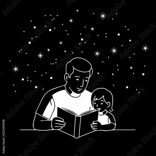 Father reading bedtime story to his daughter.  Sweet moment of shared reading under starry night sky.  Perfect illustration for children's book, family blog, or parenting magazine.