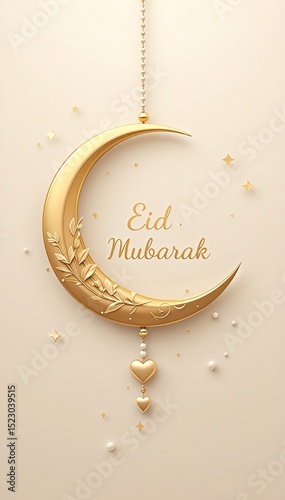 Stunning 3D Golden Crescent Eid Mubarak | Modern Festive Islamic Design