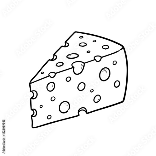 Swiss cheese wedge illustration. Simple cheese drawing with holes. Detailed dairy product image perfect for food packaging design or cheese shop menu.