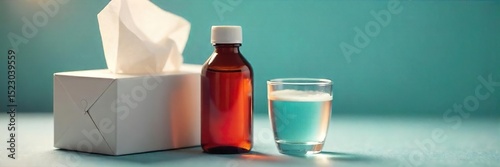 Close-up of a bottle of cough syrup, next to a box of tissues and a glass of water, suggesting relief from cold symptoms , relief, treatment
