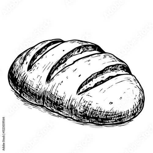 Freshly baked bread loaf illustration. Crusty sourdough bread with three deep cuts. Delicious bread for bakery menu design. This hand-drawn illustration is perfect for bread recipes,