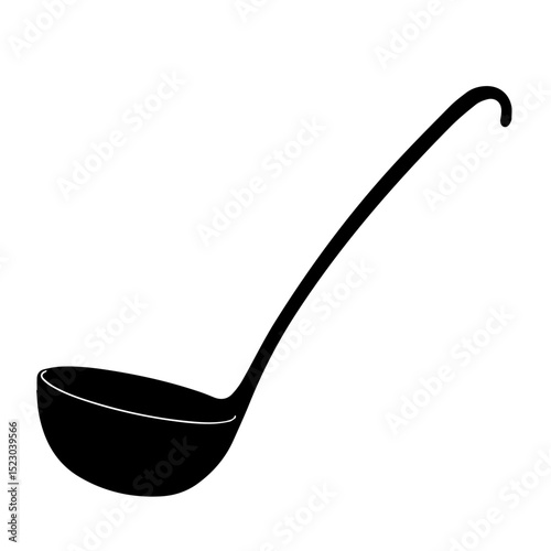Simple black ladle with long handle. Kitchen utensil for soup or stew.  Classic ladle silhouette for cooking blogs, restaurant menus or food packaging.
