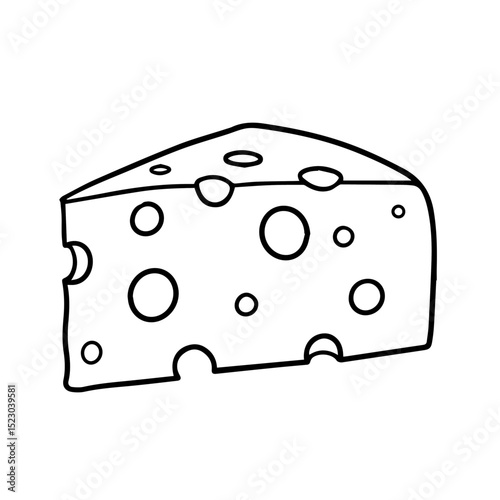 Simple cheese wedge illustration. Dairy product drawing with holes. Line art cheese slice perfect for food packaging design, recipe books, or kitchenware catalogs.
