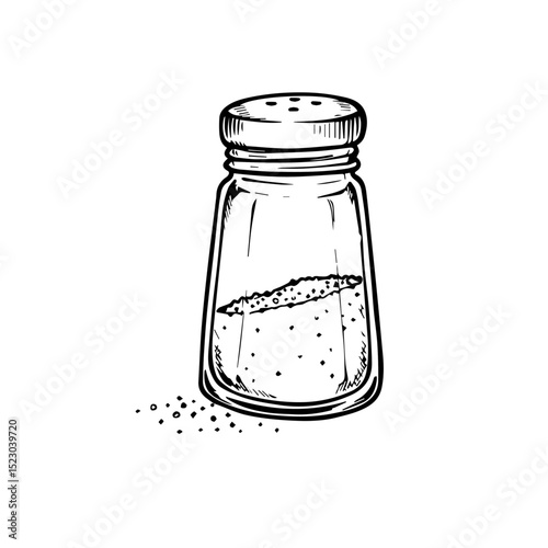 Salt shaker illustration with grains of salt spilled nearby. Detailed drawing of glass salt container with lid.  Simple kitchen utensil image perfect for culinary blogs or restaurant menus.