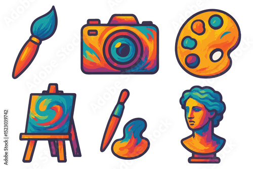 Creative art icons set featuring artistic tools like paintbrush, camera, easel, and sculpture in vibrant colors icon set