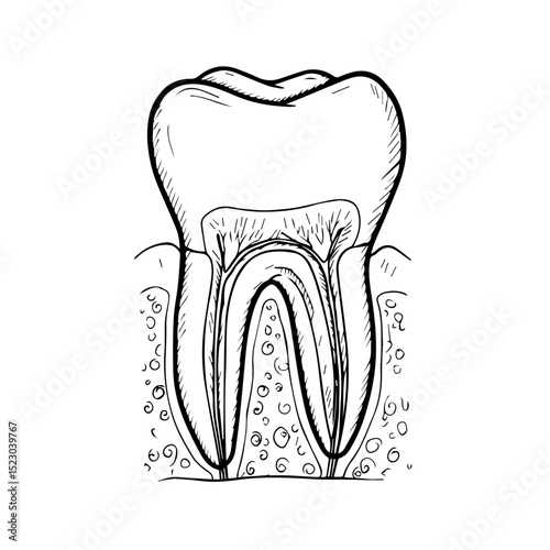 Detailed tooth anatomy illustration showing root, pulp, dentin, enamel, and gum.  This precise drawing of human tooth structure is ideal for educational materials, dental clinics,