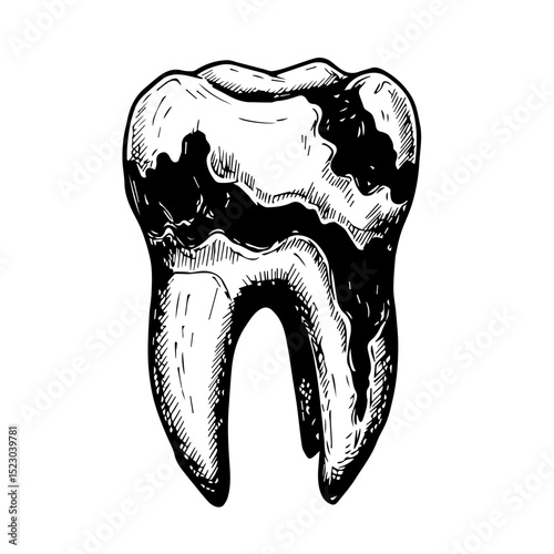 Decayed tooth graphic illustration. Detailed drawing of a tooth with extensive decay and enamel erosion.  This dental image is perfect for educational materials, brochures,