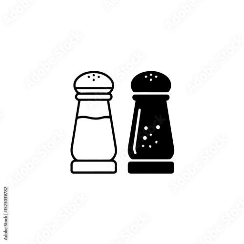 Salt and pepper shakers set. Simple monochrome kitchen icons for cooking blogs. Classic salt and pepper shakers design for restaurant menu.