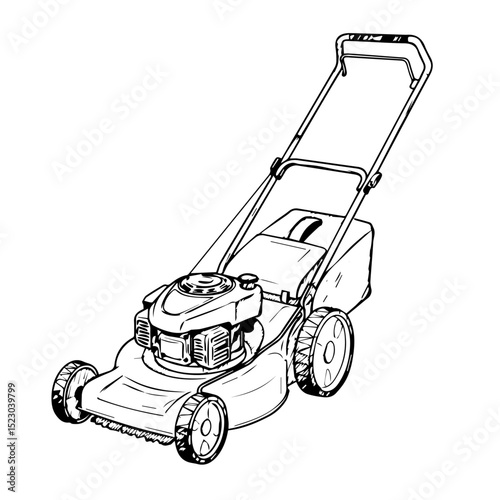 Gas lawn mower with engine and handle. Powerful gasoline lawn mower for cutting grass in garden. Detailed image of lawnmower for gardening equipment catalog or website.