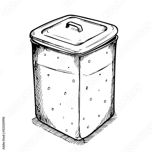 Square metal container with lid.  Durable kitchen storage tin perfect for tea, coffee, sugar, or spices.  This image of a simple metal canister is ideal for kitchenware catalogs, online shops,
