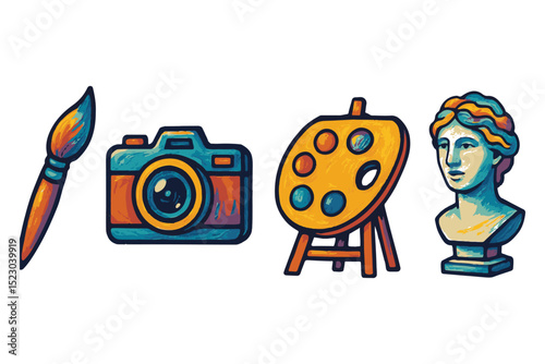 Set of artistic icons including brush, camera, palette, easel, and bust for creative and artistic design icon set