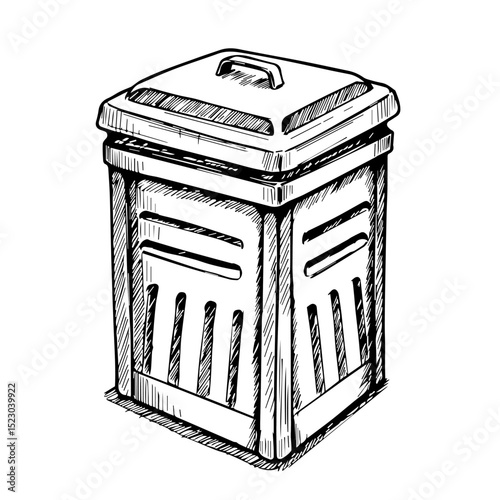 Outdoor waste bin with square lid and handle. Sturdy metal trash receptacle with ventilation slots. Detailed illustration of garbage can ideal for park, street, or outdoor space design.