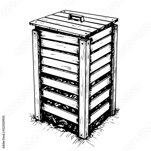 Wooden compost bin with hinged lid for garden waste.  Compost bin made of natural wood planks perfect for recycling.  Simple compost bin design suitable for eco-friendly gardening projects.