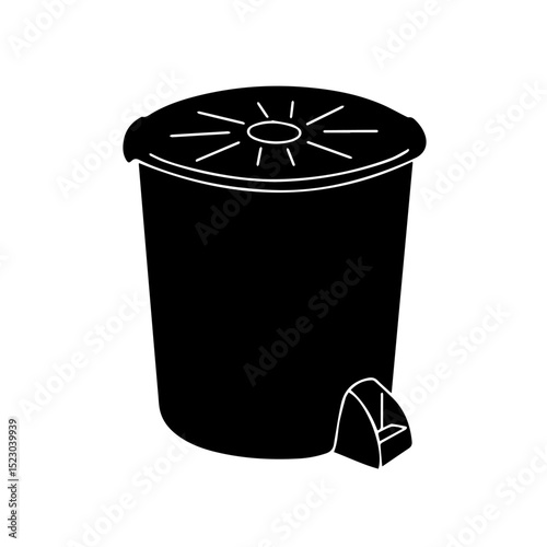 Black plastic trash can with lid and foot pedal. Stylish waste bin for home or office use.