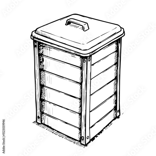 Sturdy compost bin with hinged lid and wooden frame.  Composting bin made of wood and metal for efficient waste recycling.
