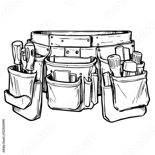 Tool belt with various pockets and tools. Durable tool belt for professionals.  Handy tool belt perfect for carpenters, contractors, and handymen.