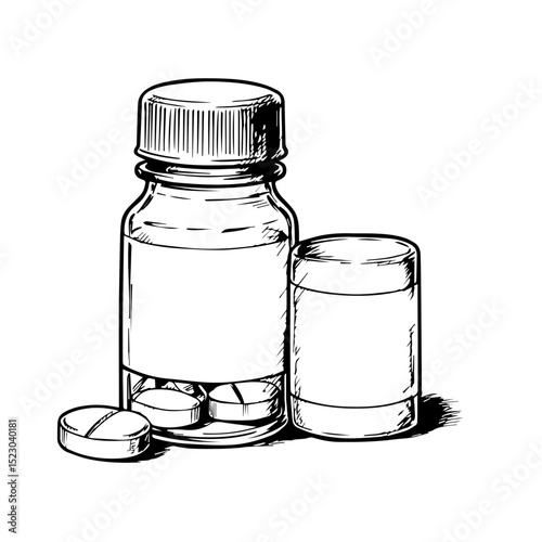 Medical illustration of pills in bottle and blister pack. Prescription medication concept showing tablets in glass container and foil packaging.  Detailed drawing of pills for medical brochures,