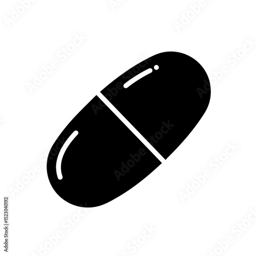 Simple black capsule pill icon.  Medical illustration showing a single, divided capsule perfect for pharmaceutical packaging, health websites, or medical brochures.