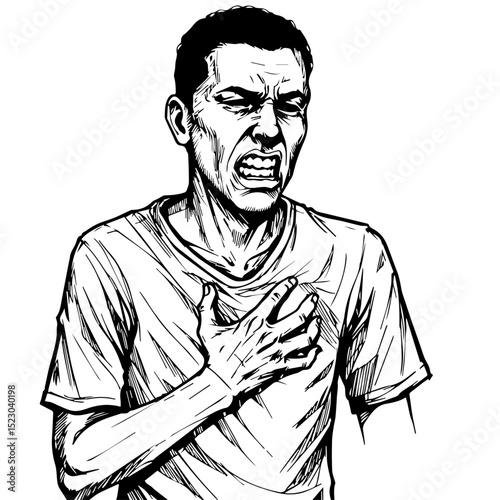 Man experiencing chest pain clutching his chest. Illustration shows man in distress, exhibiting symptoms of heart attack or cardiac arrest.