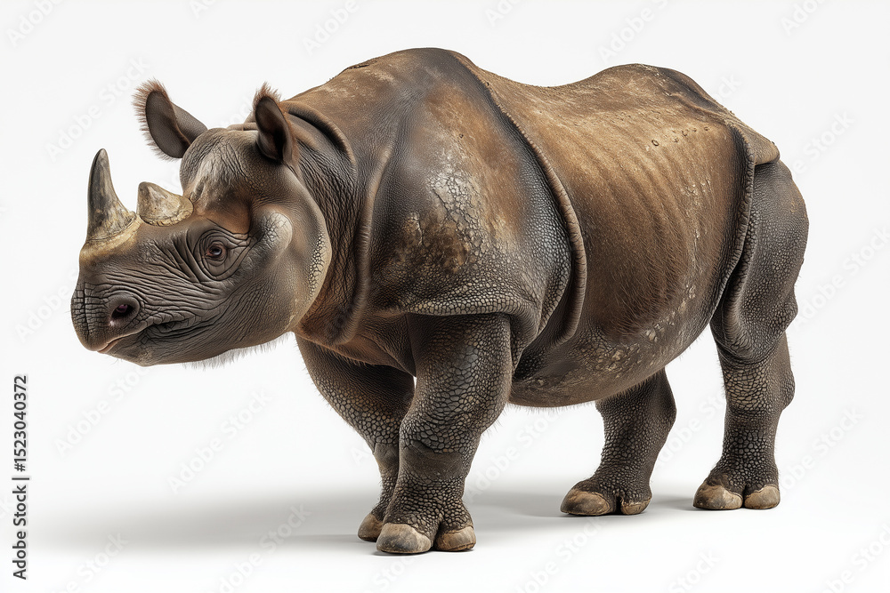 Fototapeta premium A Sumatran rhinoceros, displaying its defining features such as two short horns and a shaggy dark coat on white background.