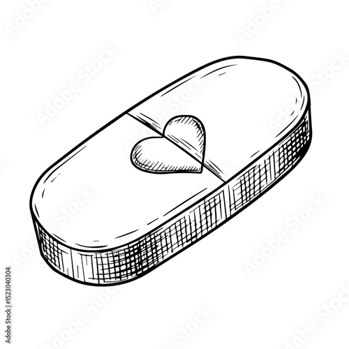 Heart-shaped pill illustration. Detailed drawing of medicine capsule with heart symbol.  Prescription drug image perfect for medical brochures, healthcare publications,