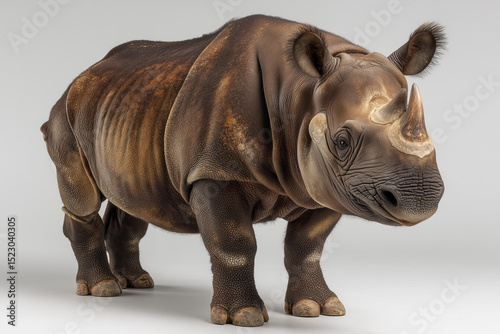 A Sumatran rhinoceros, displaying its defining features such as two short horns and a shaggy dark coat on white background.