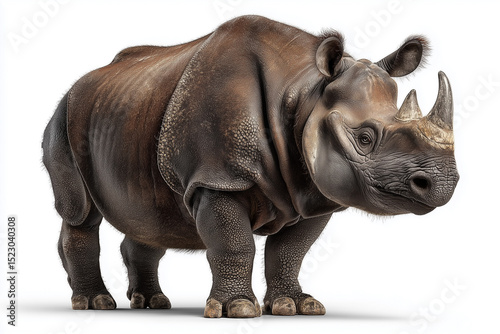 A Sumatran rhinoceros, displaying its defining features such as two short horns and a shaggy dark coat on white background.
