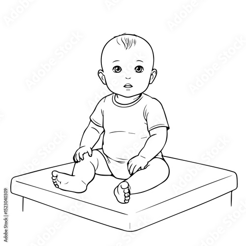 Adorable baby sitting on changing mat.  Infant in bodysuit sits on soft surface.  This image is perfect for pediatric clinic brochures, baby care guides, or medical websites related to pediatrics.
