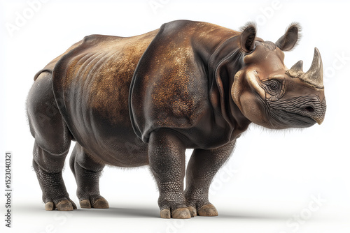 A Sumatran rhinoceros, displaying its defining features such as two short horns and a shaggy dark coat on white background.