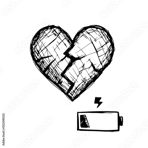 Broken heart symbol sketch with low battery indicator. Heartbreak concept image shows cracked heart and depleted battery. This illustration is perfect for medical brochures related to cardiology,
