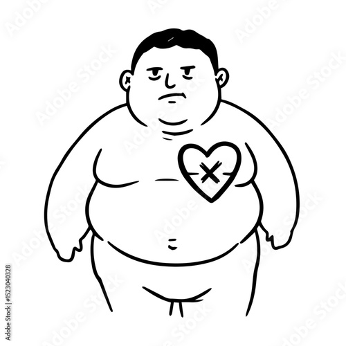 Overweight man with marked heart illustration. Image shows obese man with an X over his heart. This simple illustration is perfect for brochures or educational materials related to cardiology,