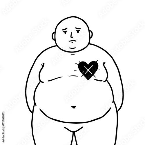 Sad overweight man with a stitched heart. Illustration depicts a chubby man with a cross stitched over his heart.