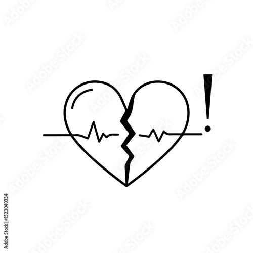 Broken heart with irregular heartbeat line.  Cracked heart symbol with ECG line showing arrhythmia.