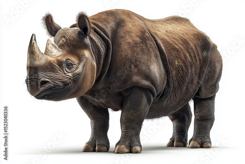 A Sumatran rhinoceros, displaying its defining features such as two short horns and a shaggy dark coat on white background.
