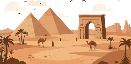 Egyptian desert landscape with pyramids and ancient arch vector illustration 