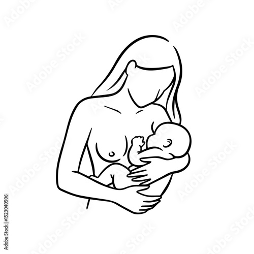 Mother breastfeeding newborn baby. Tender moment of nursing baby. Line art illustration of motherhood, perfect for gynecology, pediatrics, or cardiology brochures.