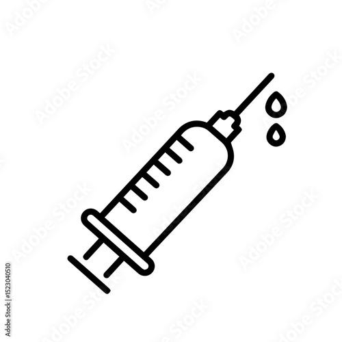 Medical syringe with needle and drops of liquid. Syringe for injection, vaccination, or medication administration.  This detailed image of a medical syringe is perfect for healthcare brochures,