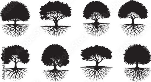 Set of 8 Tree Silhouettes with Roots – Black Vector Illustrations for Nature, Growth, Family Tree, and Environmental Design Projects
