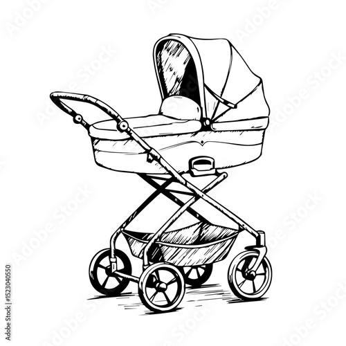 Baby stroller sketch, pram illustration for newborn, infant carriage drawing.  Simple baby carriage design perfect for parenting blogs and medical publications.  This image is ideal for brochures,