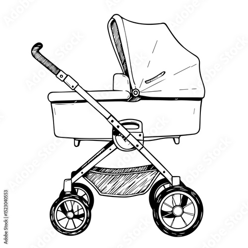 Baby stroller sketch. Detailed drawing of baby carriage with hood and handle. Simple pram illustration perfect for parenting magazines, newborn announcements, or pediatric clinic brochures.