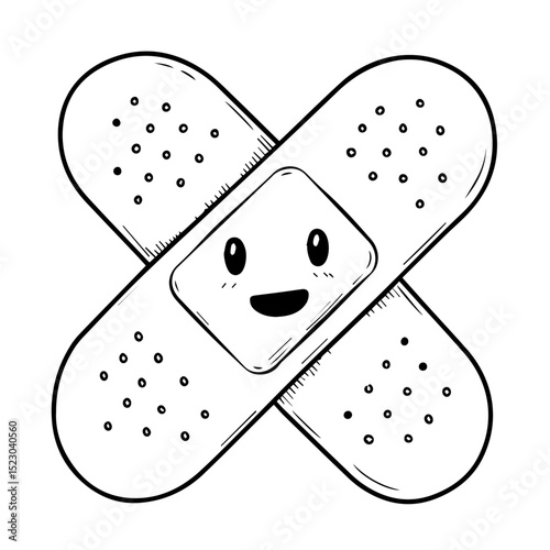 Happy bandage character illustration. Cute cartoon plaster with smiling face. Two crossed adhesive bandages for kids.  Perfect design for children's clinic brochures, pediatric or gynecology websites.