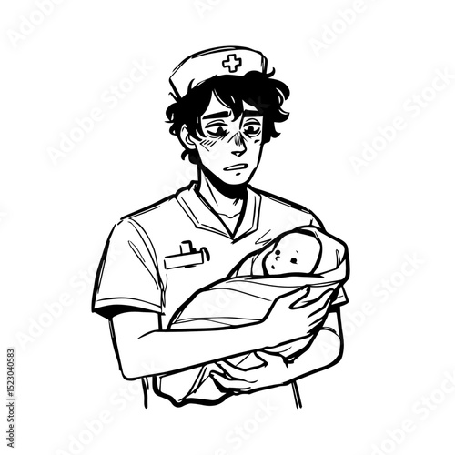Nurse holding newborn infant. Gentle caregiver cradles baby in arms. Tender moment captured for medical illustrations, brochures,