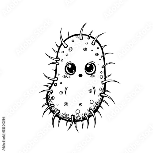 Cute cartoon microbe with spikes and big eyes. Adorable microorganism illustration perfect for children's books or educational materials about microbiology.