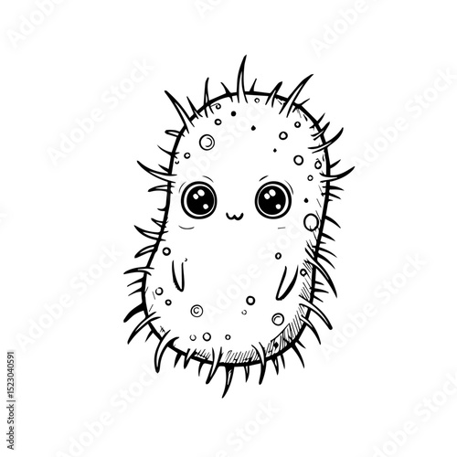 Cute cartoon microbe character design. Friendly microorganism illustration with large eyes and spiky body.  Adorable germ mascot perfect for educational materials in pediatrics or cardiology.