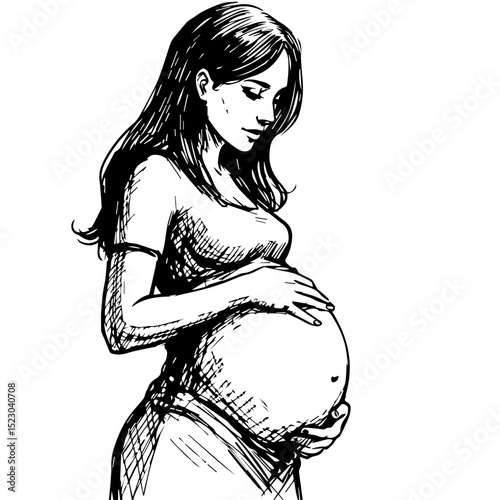 Pregnant woman gently touching her belly. Expectant mother showcasing her pregnancy. This tender image is perfect for pregnancy announcements, brochures for prenatal care,