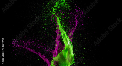 Fluorescent Cascade Neon Liquid Collision in Dark Atmosphere Background