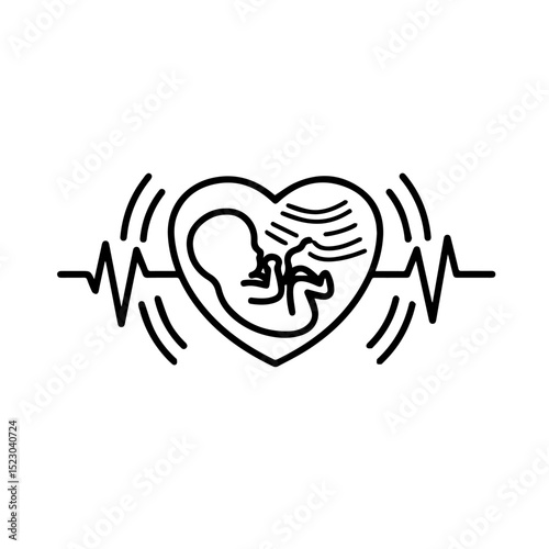 Heartbeat and fetus inside heart shape. Ultrasound image of baby inside mothers womb.  Fetus heartbeat graphic for pregnancy announcement cards or medical brochures.