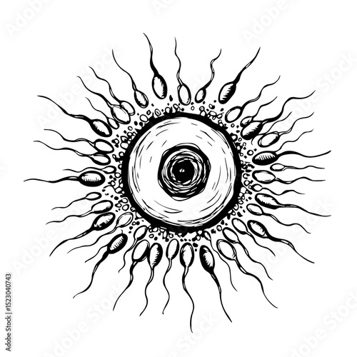 Fertilization process illustration showing egg and sperm cells. Detailed drawing of human reproductive cells. Conception illustration perfect for educational materials in gynecology or traumatology.