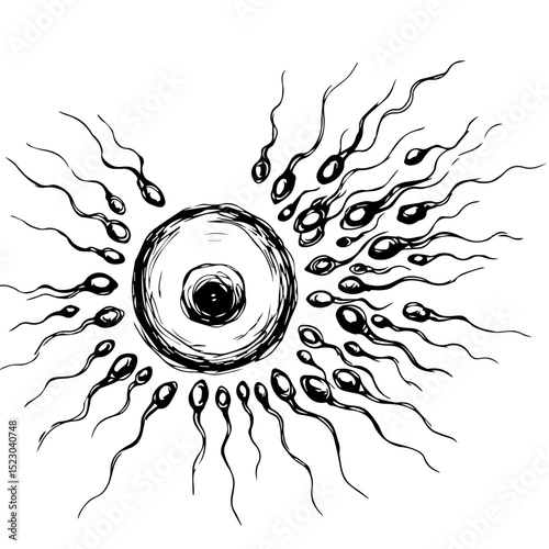 Fertilization process illustration showing sperm cells surrounding egg. Detailed drawing of human reproductive cells ideal for educational materials.